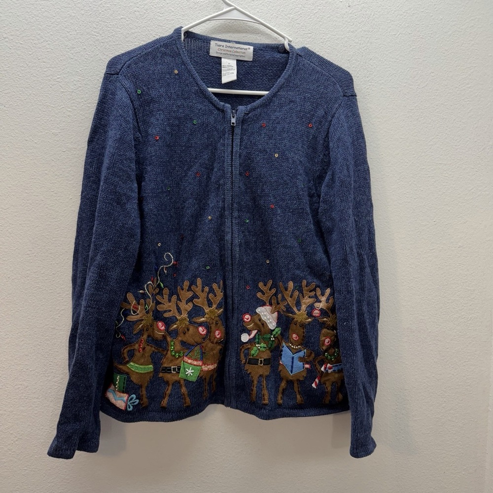 Tiara International Cardigan M Christmas Embroidered Full Zip Sweater Reindeer